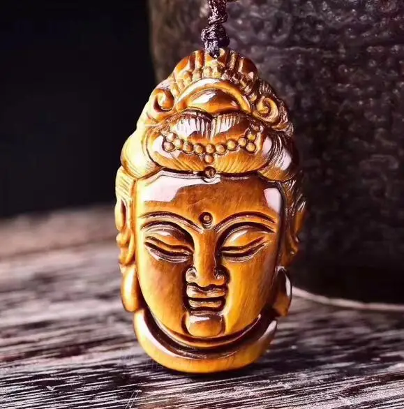 

100% Natural Tiger's Eye Gem Pendant Hand Carved Lucky Blessing GuanYin Head Amulet Pendant + rope Necklace Fine Jewelry