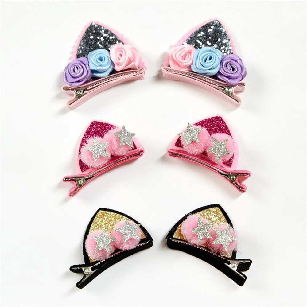 

1 Pair New Cute Hair Clips For Girls Glitter Rainbow Star Felt Fabric Flowers Sequins Hairpins Cat Ears Bunny Barrettes For Kids
