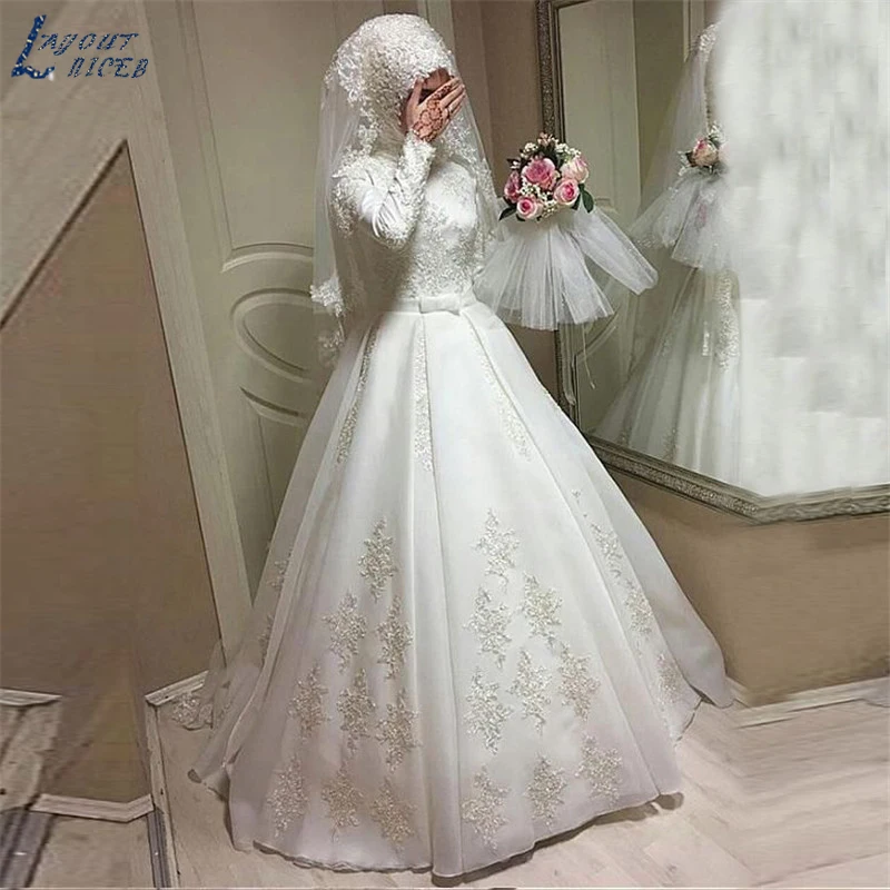 

SHJ912 muslim dress wedding gowns Long Sleeves Lace Satin Wedding Dress robe de mariée musulmane vestido de noiva Bride Dress