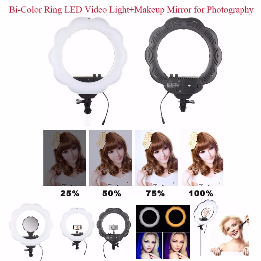 

ES384 Bi-Color Ring LED Video Light Fill Light+Makeup Mirror 384pcs SMD LEDs 3000K-6000K Light for Studio Photography Black
