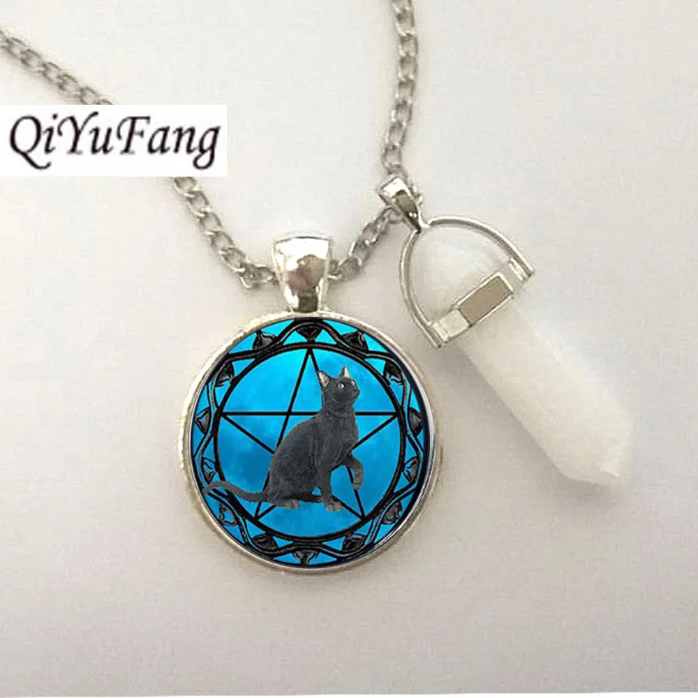 QiYuFang Black Cat With Crystal women wiccan Necklace collar Wicca