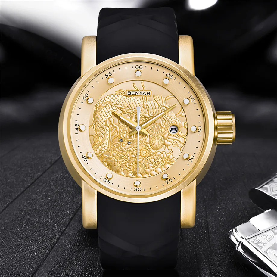 BENYAR Men Wristwatches 3D Chinese Dragon Carving Dial and Band Date Display Waterproof 30m Business Quartz Watch heren horloge (8)