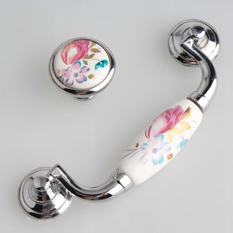 

115mm Amerrican fashion Rural printing ceramic kitchen cabinet cupboard door handle silver chrome drawer dresser pull knob