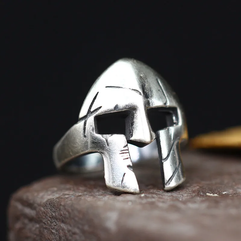 

Spartan Hero Mask Silver 925 Mens Rings Cool 925 Sterling Silver Men Jewelry Black Antique Thai Silver Cuff Ring Free Gift Box