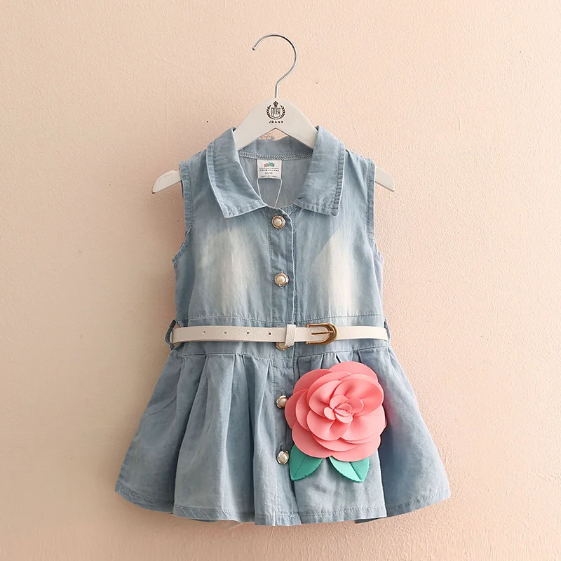 

Baby Girls Fashion Denim Dresses Girls Sleeveless Denim Dress With Belt Girls Summer Flower Dress