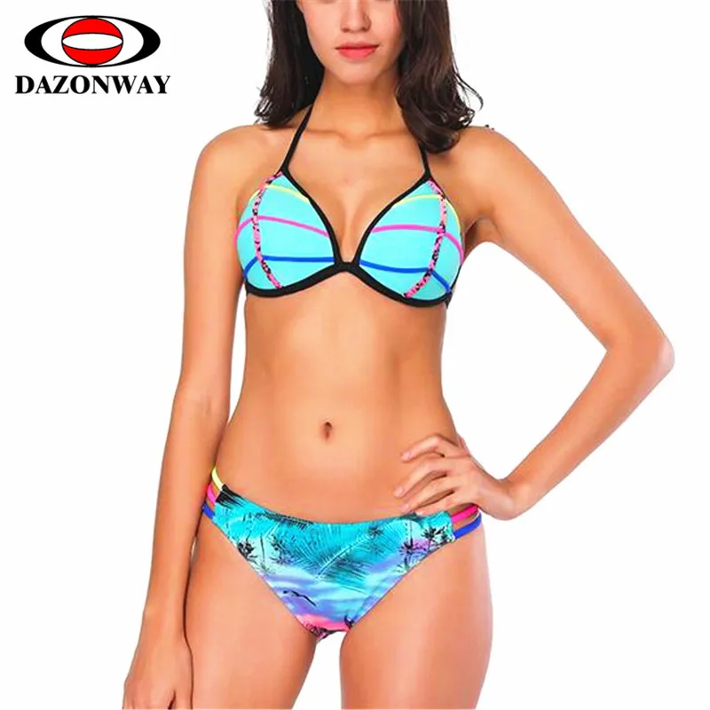 

DAZONWAY 2019 Sexy Triangle Split Bikini Women Low Waist Printed Sling Split Swimsuit Female Swimwear With Chest Pad Bikini Set
