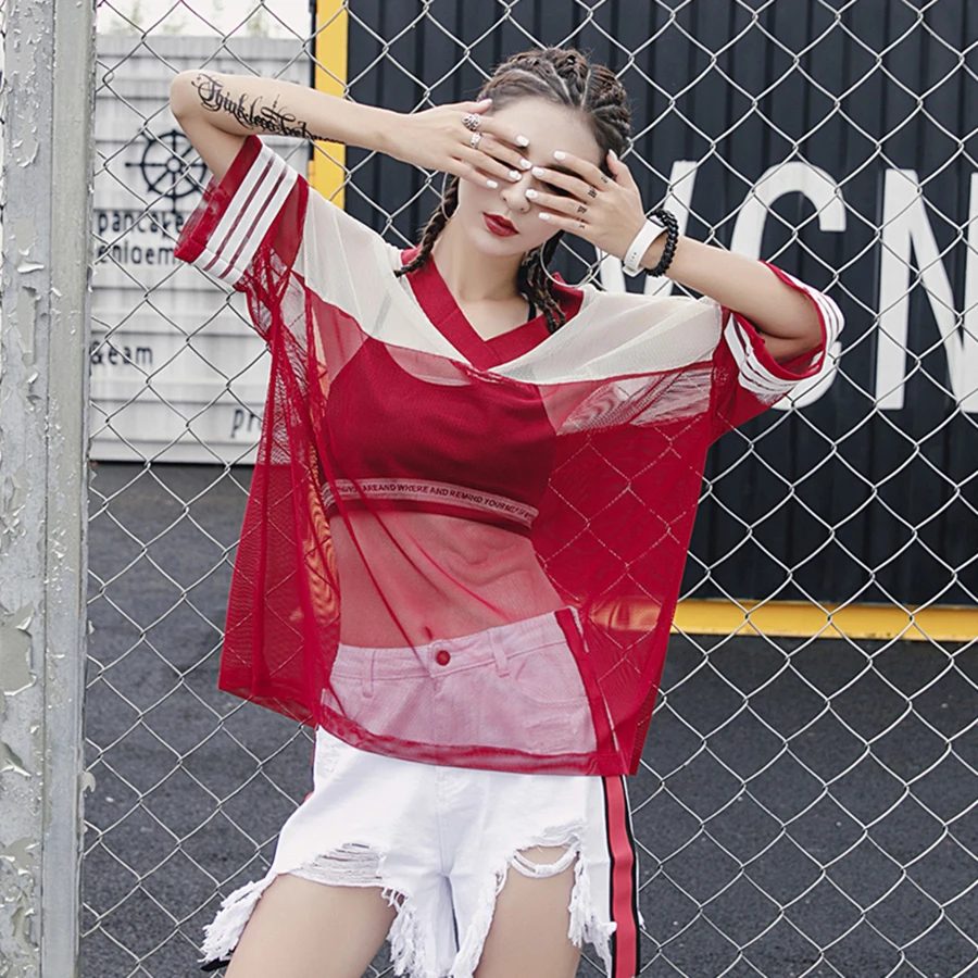 

Loose T Shirt Women Short Sleeve Net Yarn Perspective Streetwear Hip Hop Casual Tee Tops Harajuku Korean Summer t-Shirt 50D0068