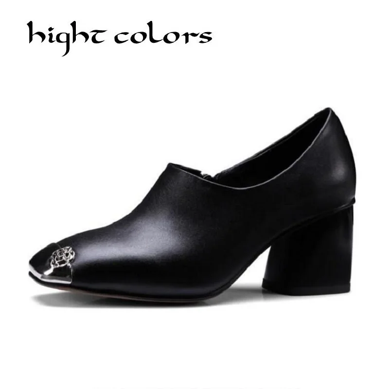 

2018 Shoes Women Metal Decoration Solid Color High Heels Square Toe Genuine Leather Handmade Slip On Shoes Women Pumps
