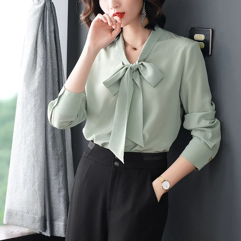 

2019 Spring Women's Real Silk Shirts Long Sleeve V-neck Bow High End Luxury Office Lady Clothing P7906 Korean Fashion Clothing