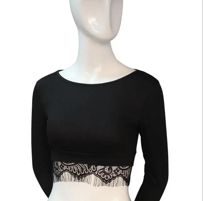 

2016 Hot Sale Fashion Women's Lace lacework Long sleeve mini short sexy Exposed navel tops Round neck T-shirt S-XL Yards C748