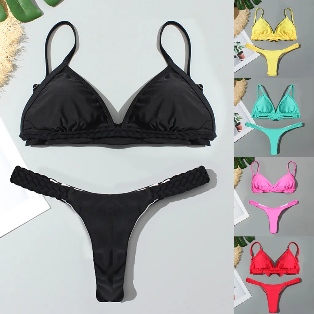 

Women's Summer Beach Sexy Solid Black Yellow 5 Color Swimsuit Low Waist Bikini Split Brief Swimwear Two Pieces Padded Bikini Set