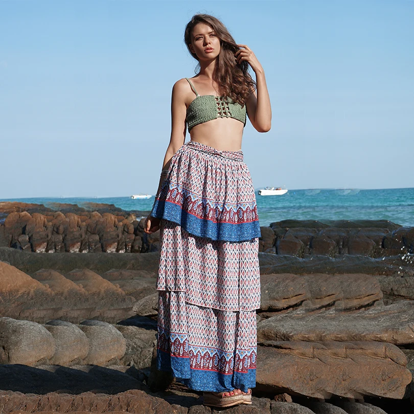 

Sexy Print High Waist Women Skirt Long Floral Ruffles Pleated Female Skirt 2019 Bohemia Summer Fashion Beach Party Women Clothes