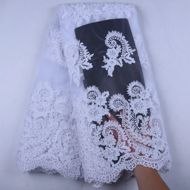 

White African Lace Fabric 2019 High Quality Lace French Mesh Lace Fabric Latest Nigerian Lace Fabric With Beads For WeddingF1575
