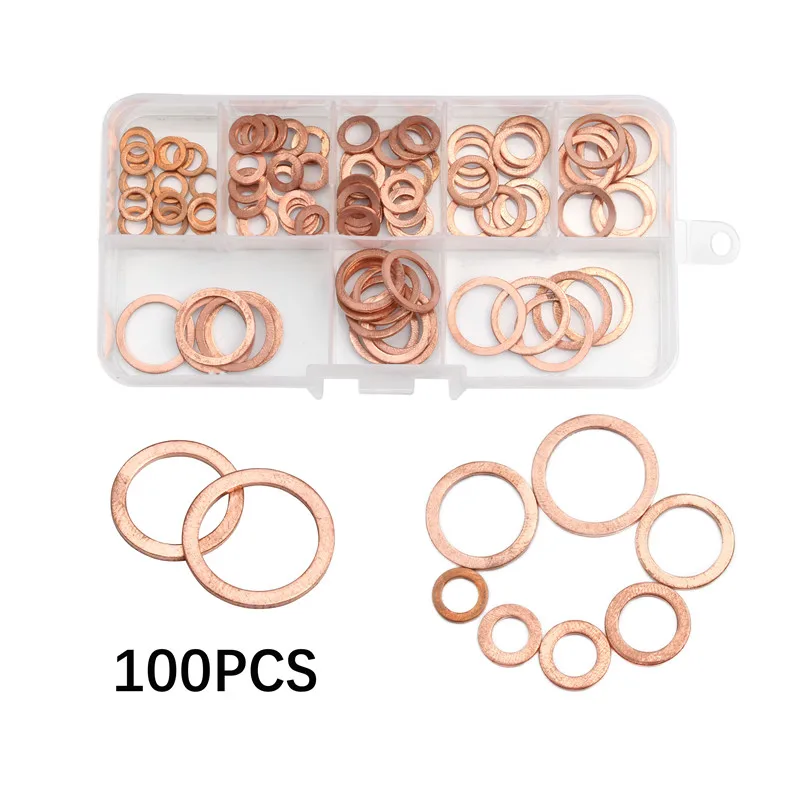 

100pcs M4-M14 Professional Assorted Copper Washer Gasket Set Flat Ring Seal Assortment Kit with Box For Hardware Accessories