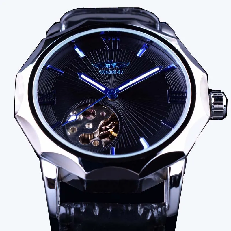 Топ бренд мода победитель синий океан геометрические дизайн Прозрачный Скелет циферблат Мужские часы Роскошные автоматические механические часы