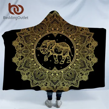 

BeddingOutlet Mandala Hooded Blanket Elephant Star Moon Sherpa Fleece Wearable Blanket Black Golden Throw Blanket for Sofa Bed