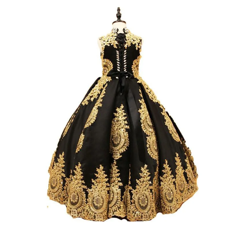 Сексуальное черно-Золотое кружевное платье с цветочным узором для девочек г., с высоким воротом и корсетом сзади, с кристаллами, бальное платье, дизайнерское платье для первого причастия