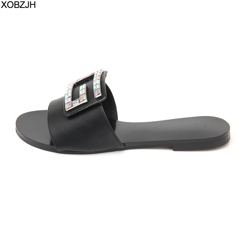 

Summer Shoes Women Flat Sandals 2019 G Luxury Brand Style Rhinestone Ladies Leather Black Sandals Slippers Shoes Woman Plus Size