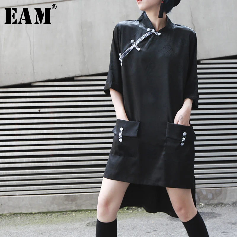

[EAM] 2019 New Spring Summer Stand Neck Half Sleeve Button Irregular Personality Print Pockets Dress Women Fashion Tide JX410