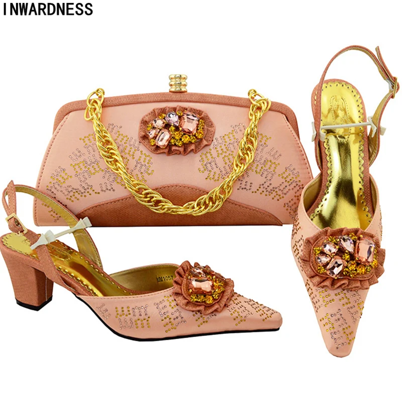 Latest Peach Color Matching Shoes and Bag Set Decorated with Rhinestone Nigerian Women Wedding