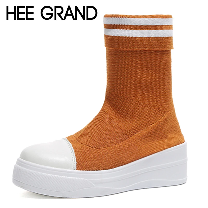 

HEE GRAND Women Winter Ankle Boots Solid Platform Wedges Shoes Slip On Stretch Fabric Ankle Boots Warm Shoes Woman XWX6844