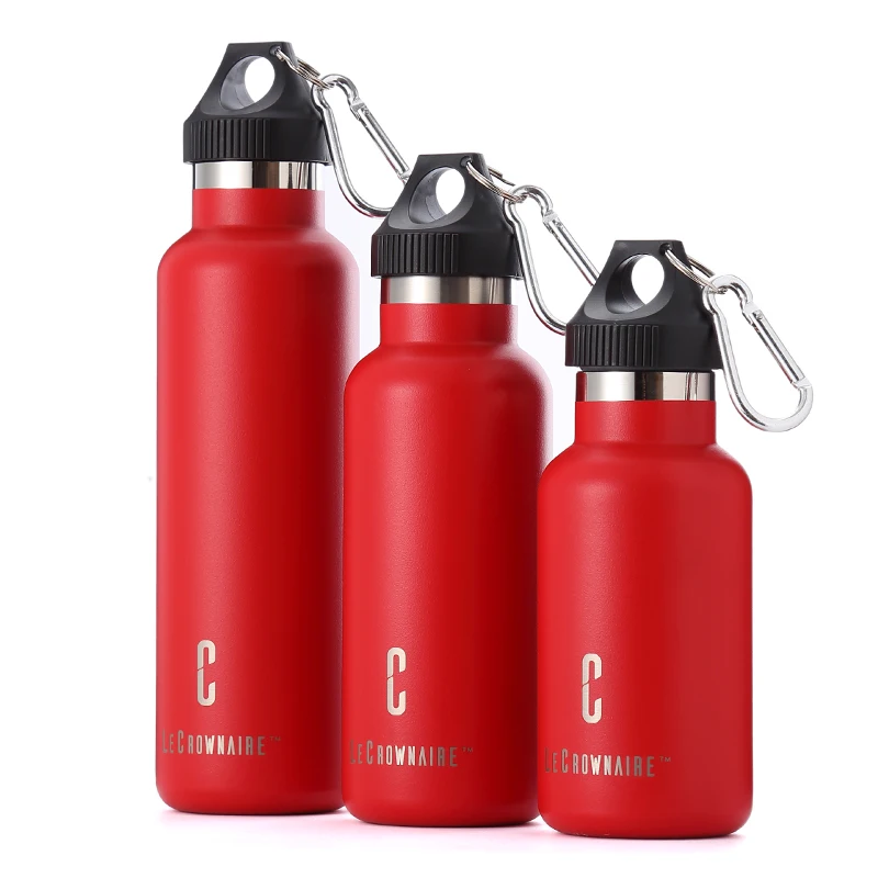 

LC outdoor 12oz/16oz/20oz stainless steel water bottle sports vacuum insulated flask standard mouth bottle with carabiner lid