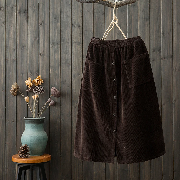 Вельветовая однобортная эластичная талия карман винтажная трапециевидная юбка Мори для девушки осень зима