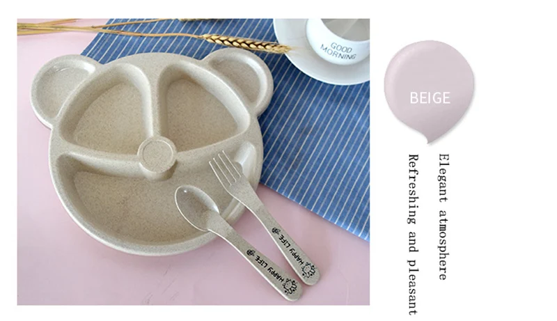 3Pcs Baby Bamboo Food Storage Tableware Kids Plate Spoon Fork Solid Dishes Newborn Children Eco-friendly Dinnerware Set BB5129 (2)