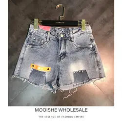 2019 летние новые штрих код ткани украшения отверстие заусенцев горячие брюки джинсовые шорты женские прилив