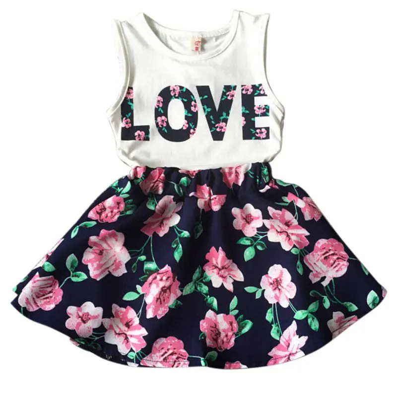 

Kacakid 2017 Summer Baby Girl Fashion 2pcs Suit Love Soft Print Vest+Floral Skirt Kids Casual Clothes 1-6 Y S2
