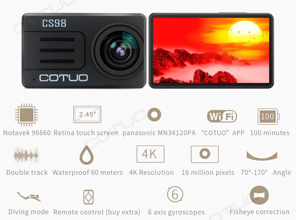 COTUO CS98 Экшн-камера 2,4" сенсорный экран дистанционного управления 4K 24fps Ultra HD 30M водонепроницаемый Notavek 96660 wifi Спорт go mini SJ DV 6 pro