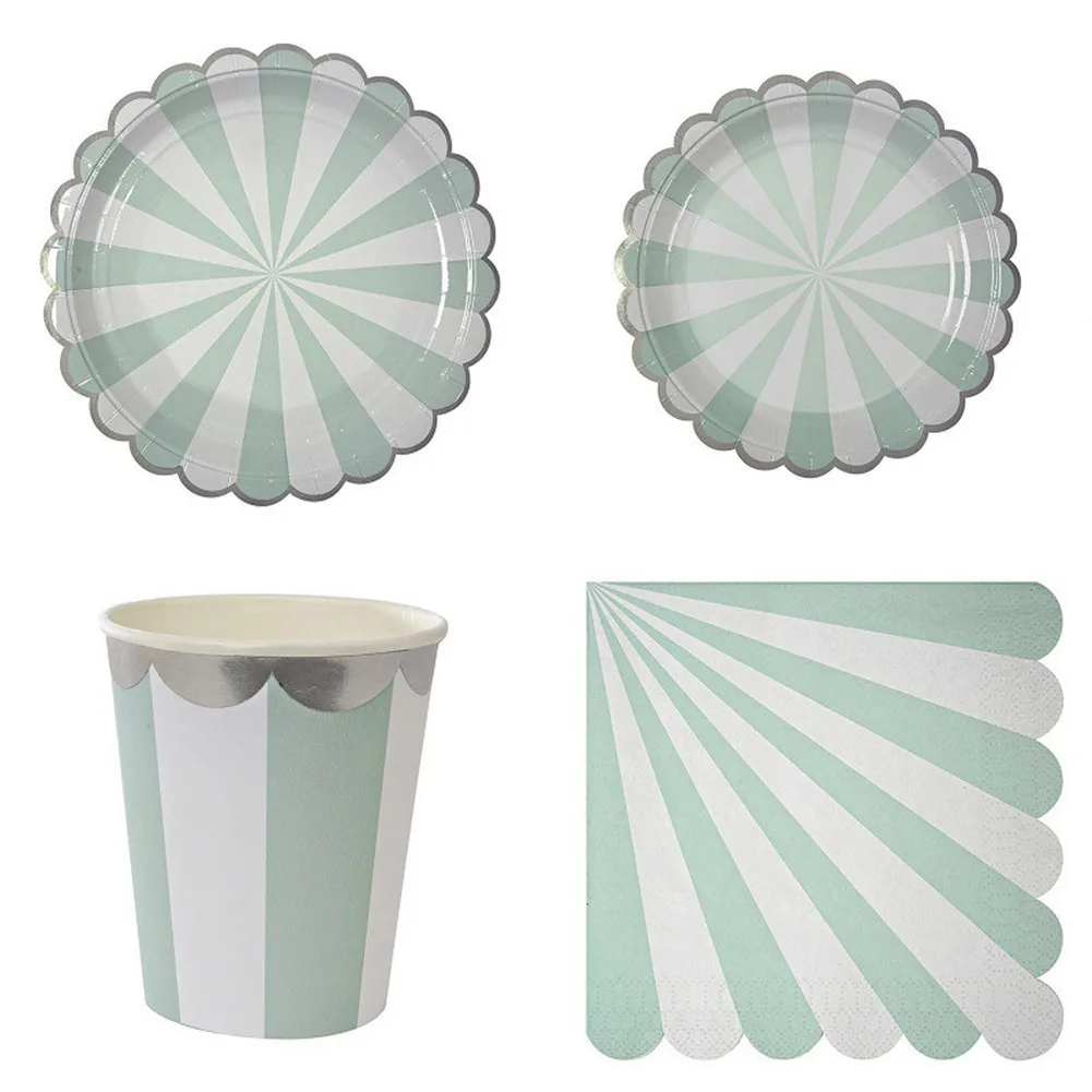 Green Striped Paper Disposable Party Tableware Set 4 Kinds Dinner