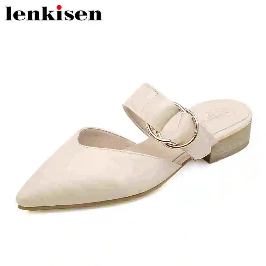 

Lenkisen british style pu pointed toe mule solid slip on low heels metal buckle big size get-together meeting woman sandals L7f1