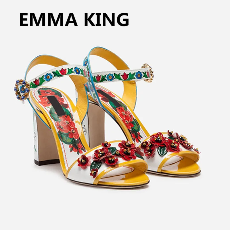 

2019 Fashion Prints Crystal Women Gladiator Sandals Open Toe Ankle Strap Sexy High Heels Flowers Ladies Party Shoes Woman Sandal
