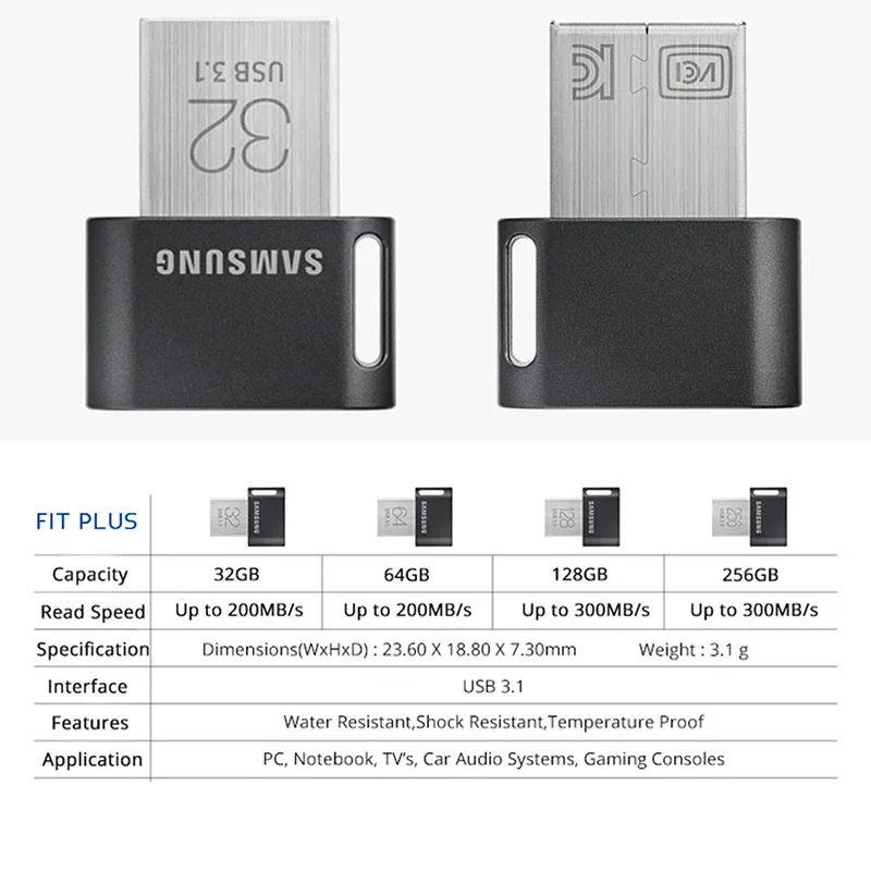 USB флеш-накопитель SAMSUNG USB3.1 FIT Plus 32 ГБ, 64 ГБ, 128 ГБ, 256 ГБ, флеш-накопитель, металлическая карта памяти, запоминающее устройство, u-диск, мини флеш-накопитель