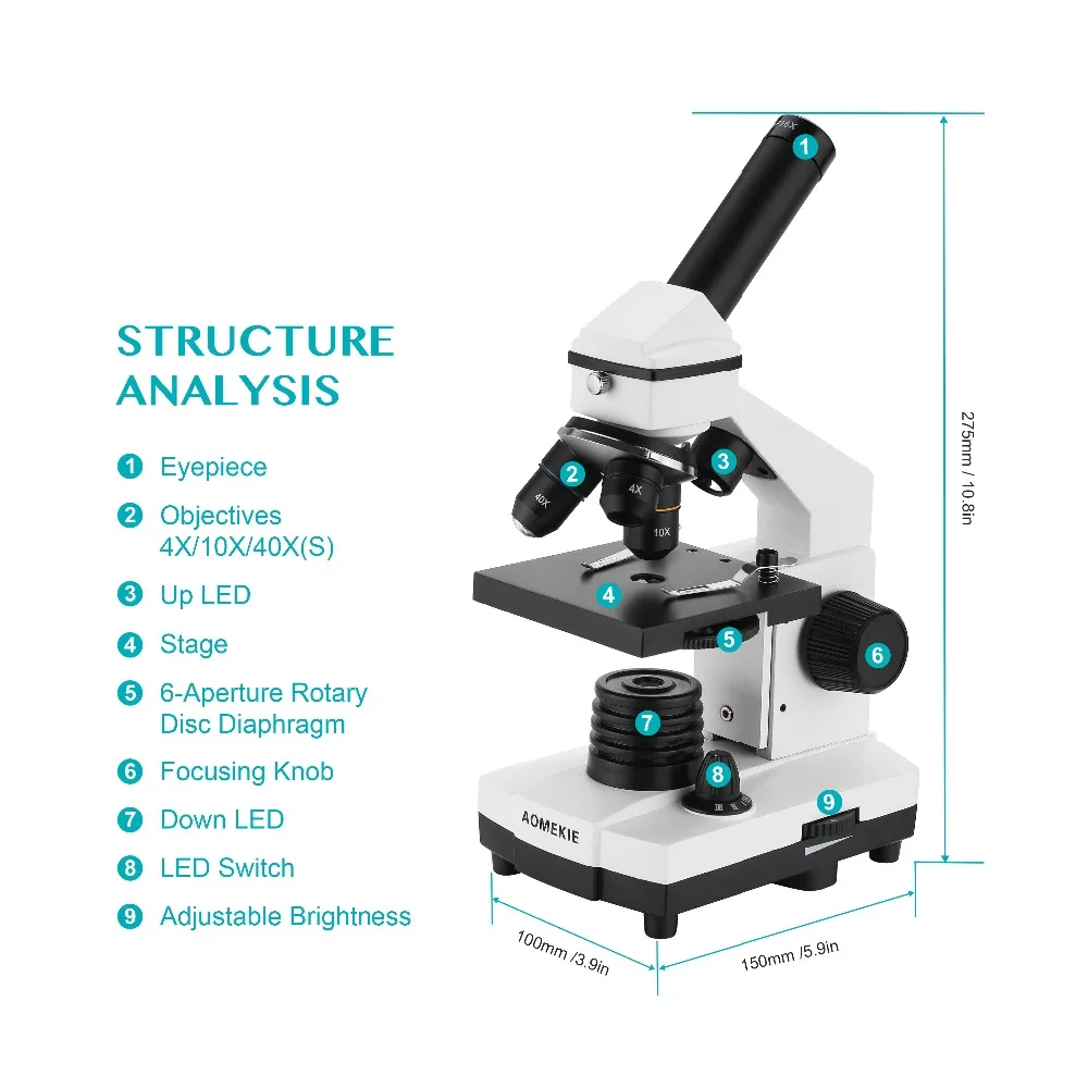 AOMEKIE, профессиональный Биологический микроскоп 64X-640X, вверх/снизу, светодиодный, студенческий, научный, образовательный, лабораторный, домашний монокулярный микроскоп, подарок