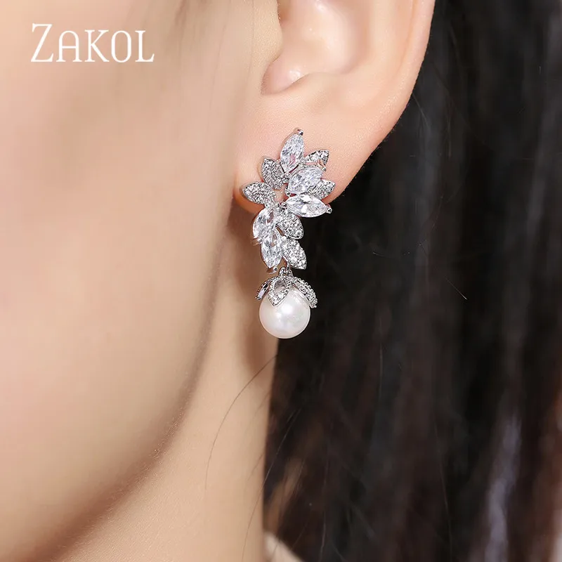 ZAKOL Fashion Design Elegant Female Jewelry White Gold CZ Drop Earings With Imitation Pearls For Gift FSEP568