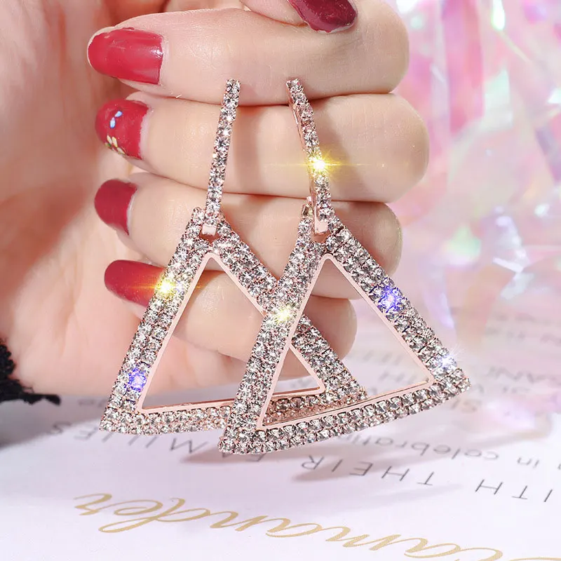 

USTAR Crystals Triangle Drop Earrings for women Geometric Statement Dangle Earrings female wedding Jewelry hanging Oorbellen