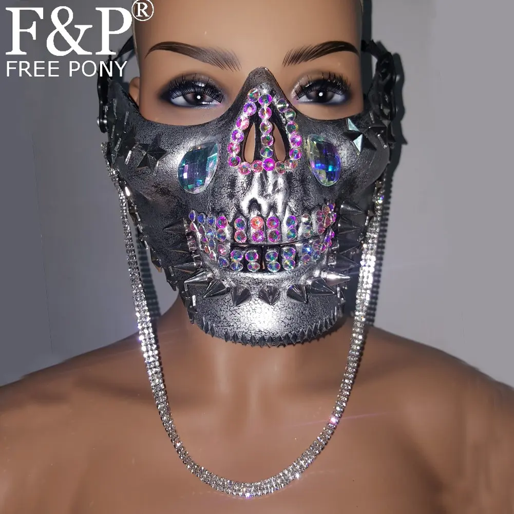 

Holographic Rhinestone Burning Man Skull Mask Drag Queen Costumes Summer Festival Rave Clothes Outfits Gear Celebrity Stage Gear
