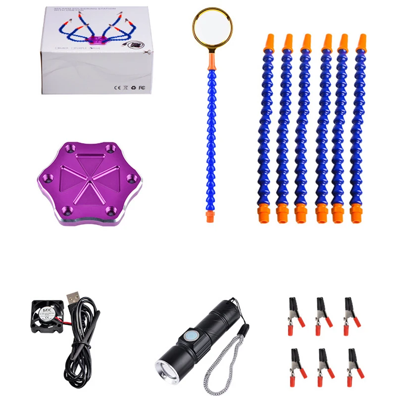 

1 Set Of Purple Aluminum Alloy Base Multifunctional Aux Arms Anti-Skid Pads Clamps Fan Flashlight Magnifier Kit