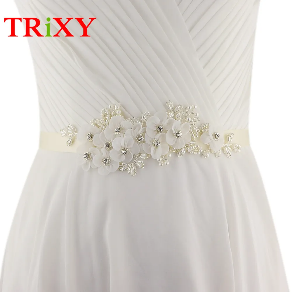 

TRiXY S355 Pearls Beading Flowers Wedding Belts Pearls Beaded with Fabric Flowers Bridal Belt Sashes Wedding Dress Belts