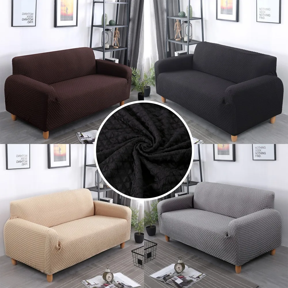 Solid Color Jacquard Sofa Cover Four Seater Spandex Elastic Black