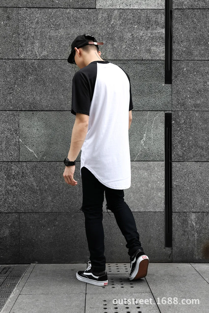 

Custom men's hem arc long T-shirt hip-hop stitching men's T-shirt loose fit customized your logo T-shirt company team's clothes