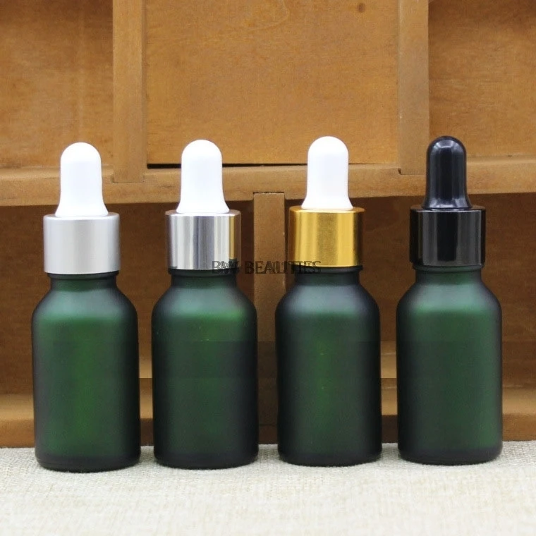 Download 100pcs/lot 15ml 50ml Empty Green Frosted Glass Bottle With Black Gold Silver Ring White Rubber ...