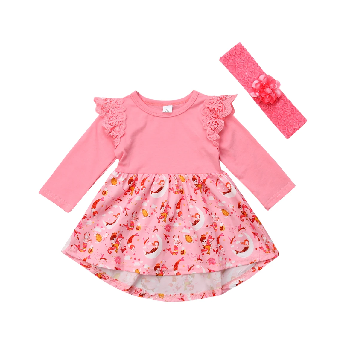 

Infant Newborn Baby Girls Ruffle Long Sleeve Lace Floral Casual Patchwork Dress Headband High Waist Mini Sundress Clothes