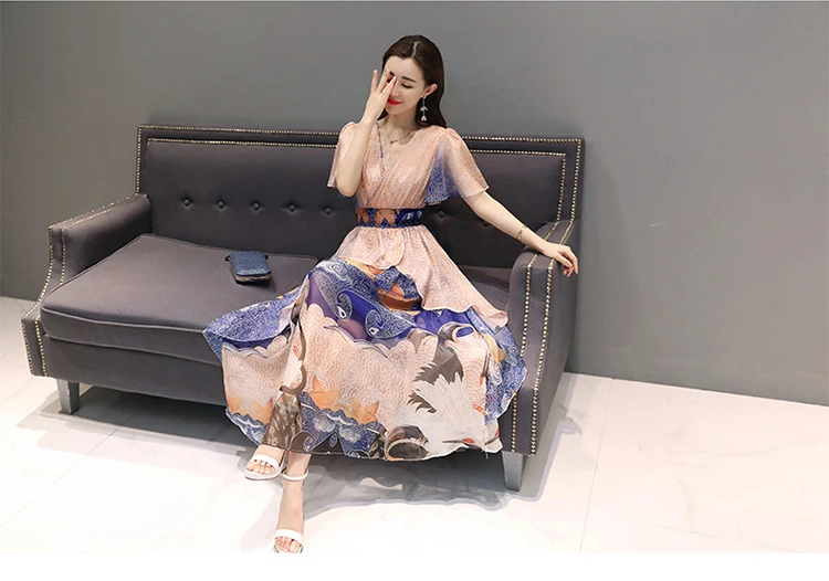 Summer летнее Boho шифоновое макси платье женское асимметричное длинное обтягивающее платье женский эластичный пояс с v-образным вырезом пляжное вечернее платье