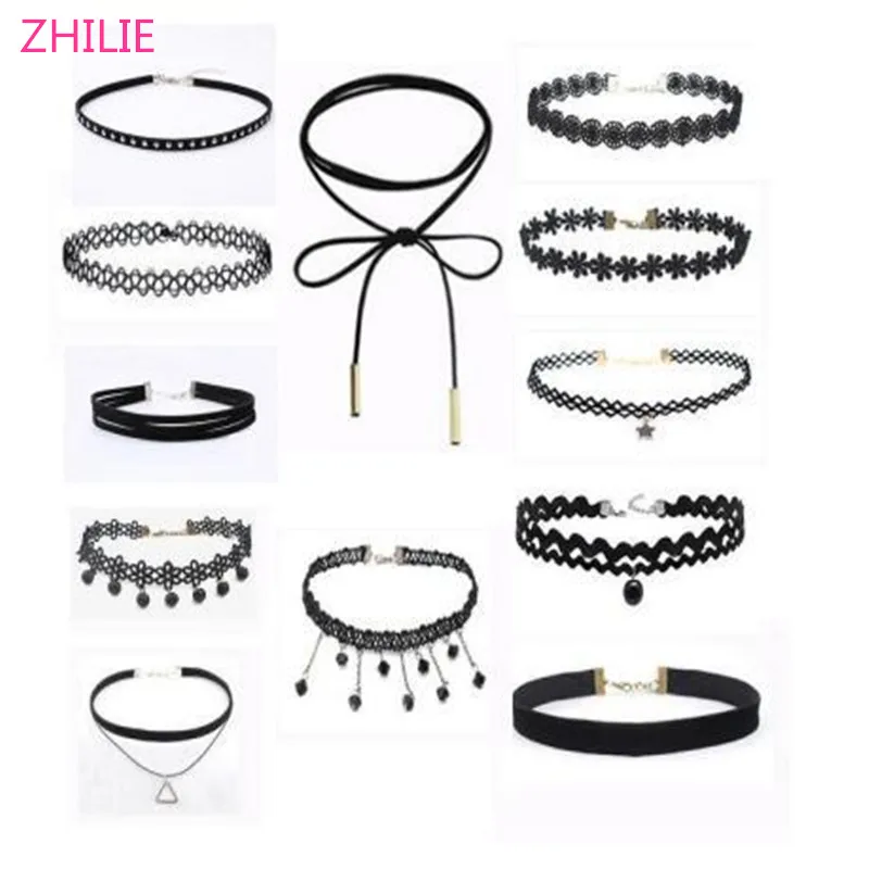 

12 PCS/Set New Gothic Tattoo Leather Choker Necklaces Set for Women Hollow Out Black Lace Necklace Jewelry Collier Chain