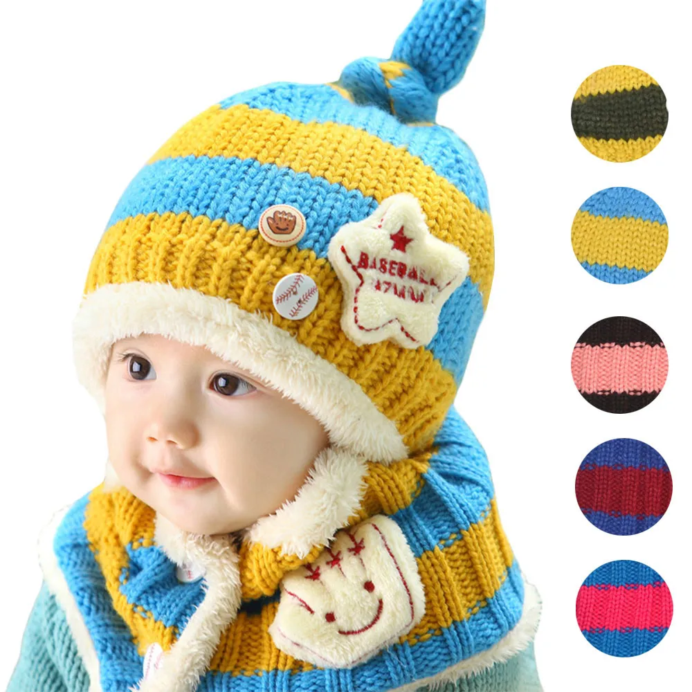Autumn Winter Knitted Baby Wool Hat and Scarf Striped Colorful Kids
