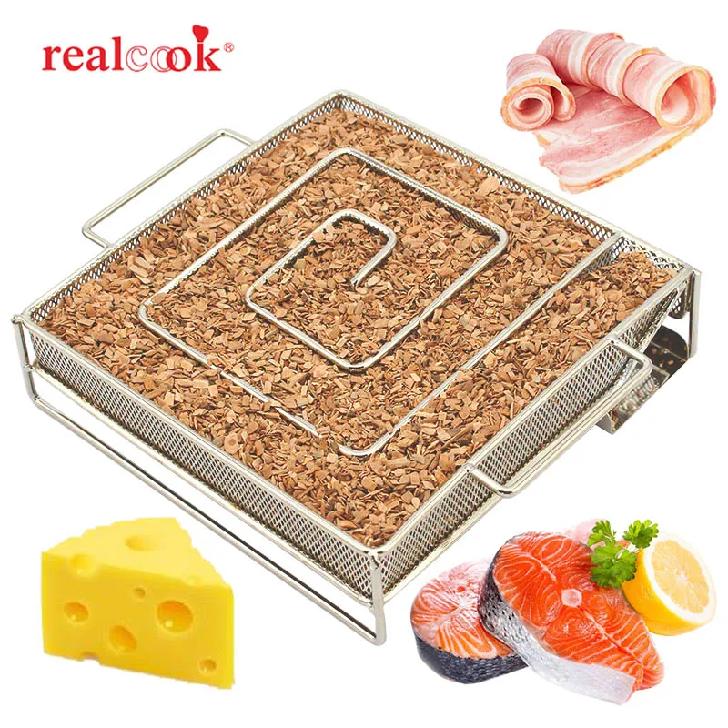 

Realcook 7.08 inch Square Smoke Generator Box Charcoal Barbecue Cold Smoker BBQ Wood Chips Meshes For Meat Salmon Smoking Tools