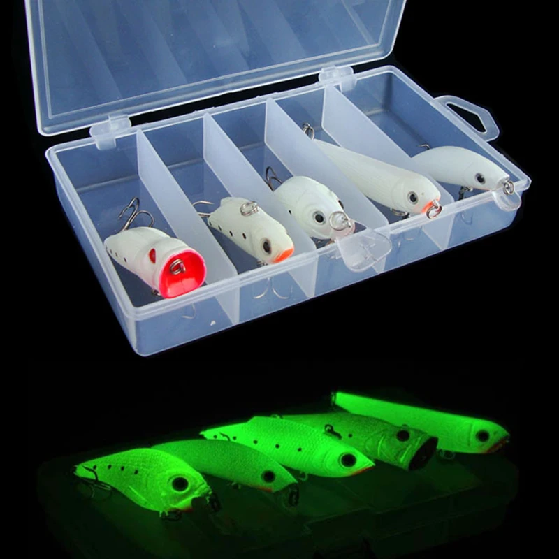 5pcs Night Fishing Lure Bait Kit Glow In Dark VIB Popper Crank Minnow